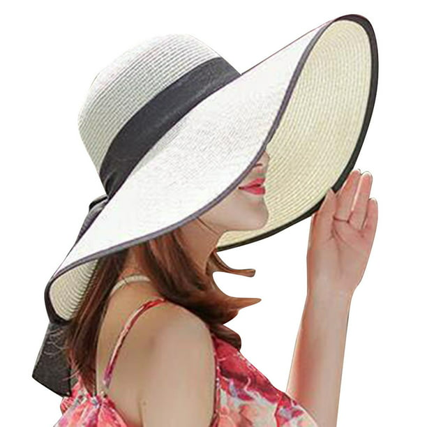 Beach Hats Women Summer Black Blue White Girls Sun Hat Female Large Brim Straw Cap with Bowknot Ribbon 